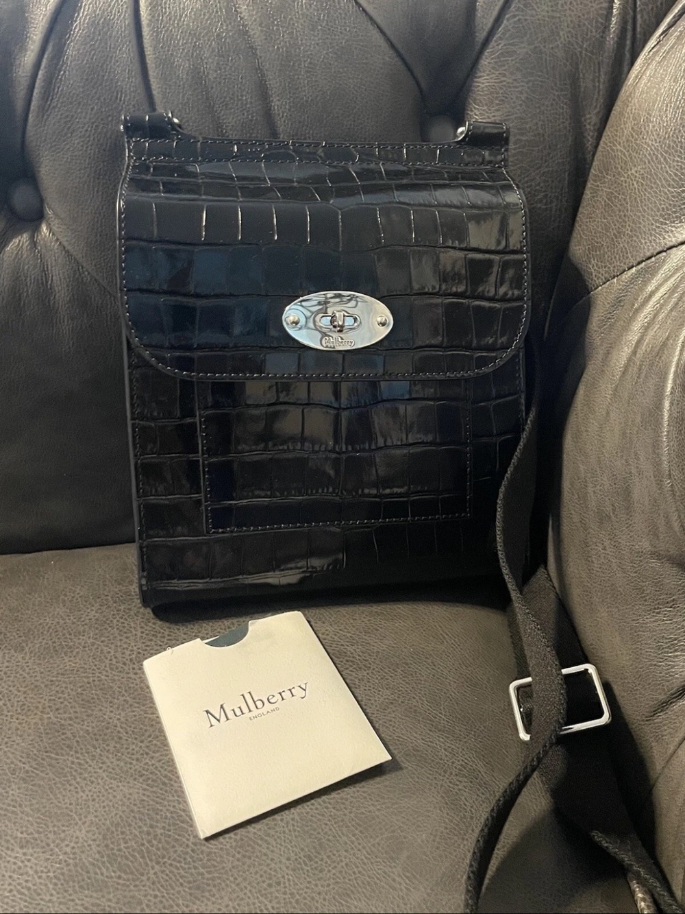 Mulberry Black Croc-Embossed Leather Shoulder Bag with Silver Hardware